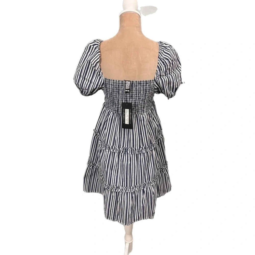 Influence Coastal Stripe Smocked Puff Sleeve Tiered Mini Dress US Women’s Sz 8